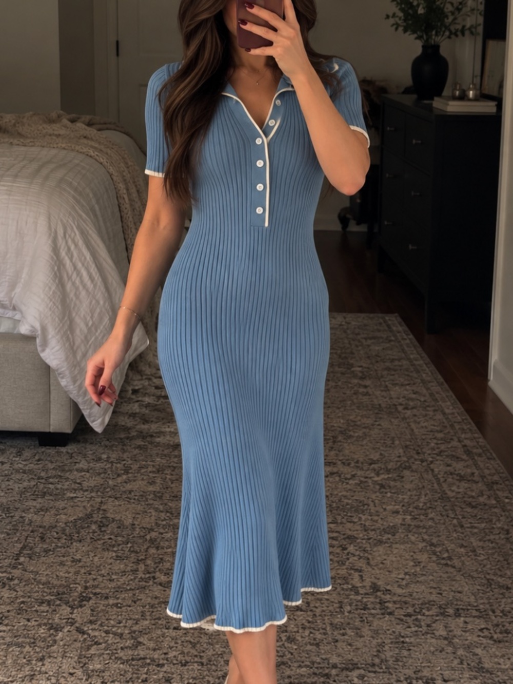 Merokeety Blue Ribbed Knit Polo Midi Dress Size Small